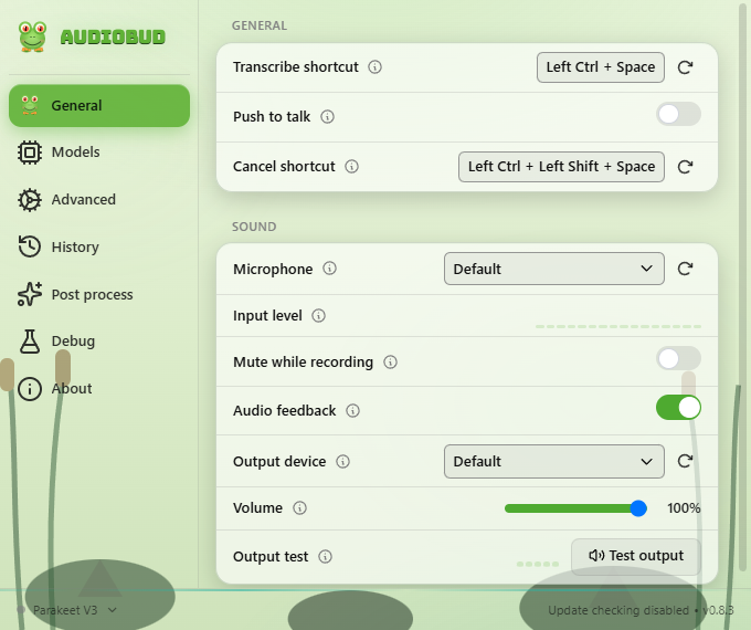 AudioBud general settings, showing the transcription, microphone, and audio controls over the swamp background.