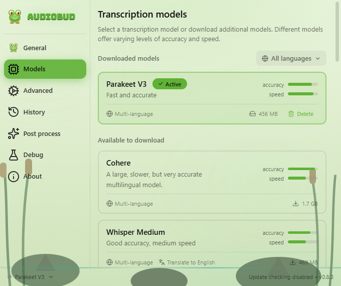 The model picker with Parakeet V3 active and other engines available to download.